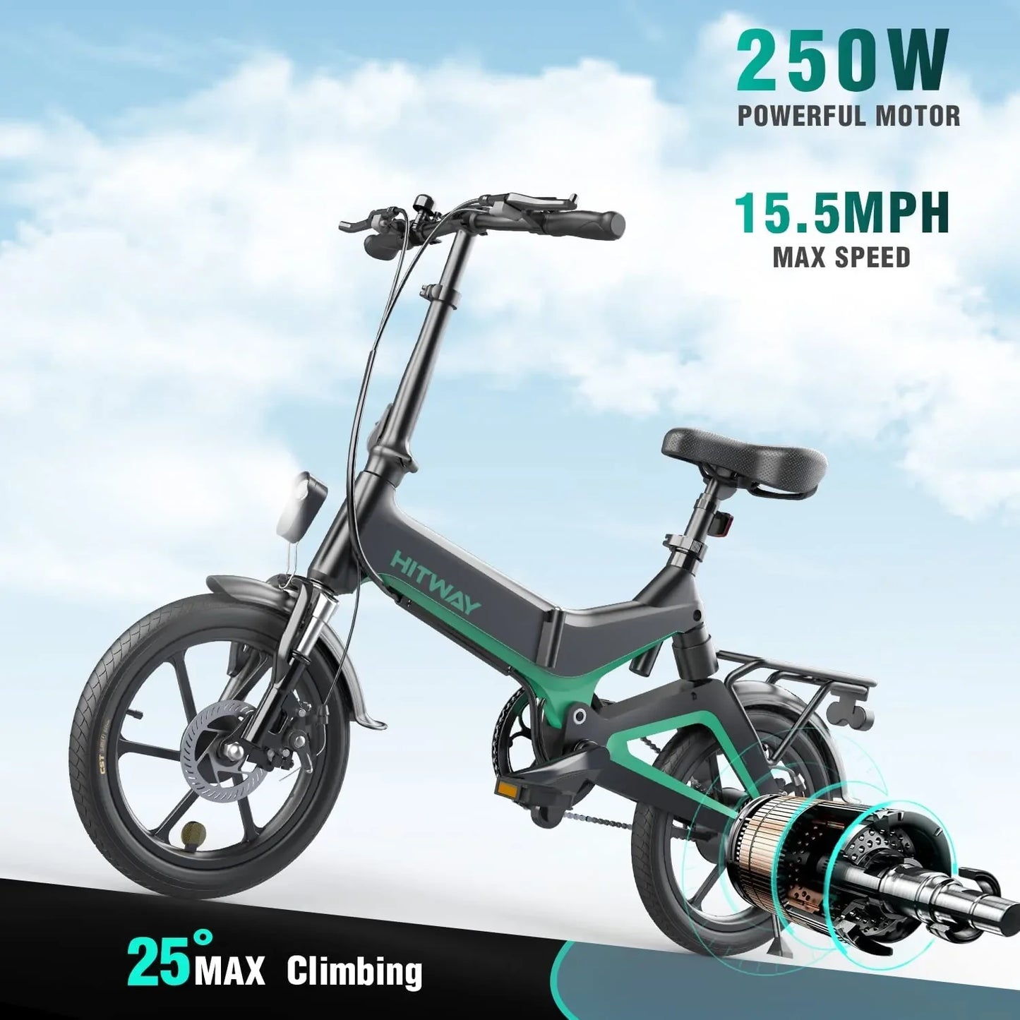 Hitway BK2 2025 Version 250W 16" Foldable Electric Bike 36V 7.8Ah Battery Lightweight Urban Commuter