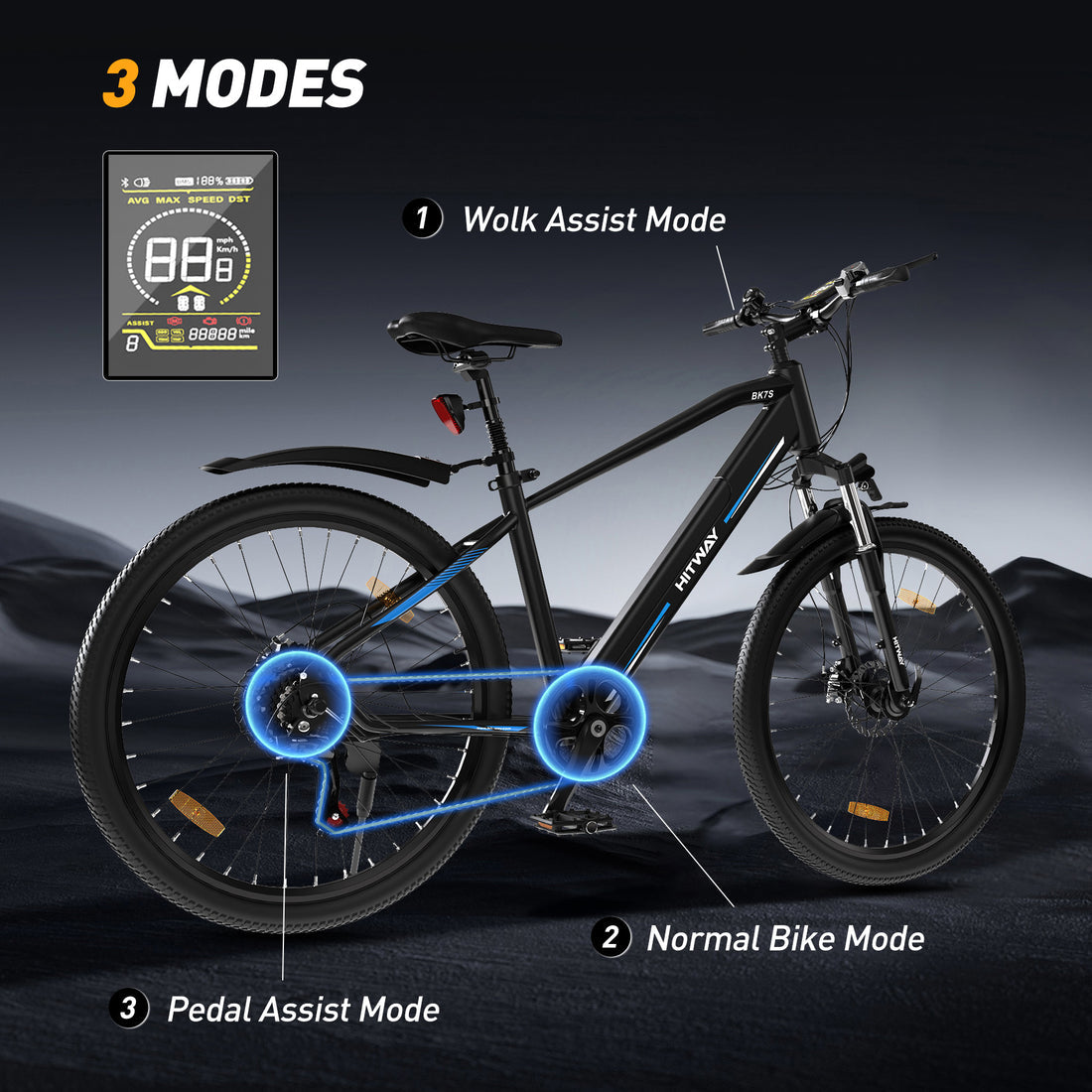 Hitway BK7S 2025 Version 250W 26" Mountain Electric Bike 36V 12Ah Battery Front Suspension Spoked Wheels