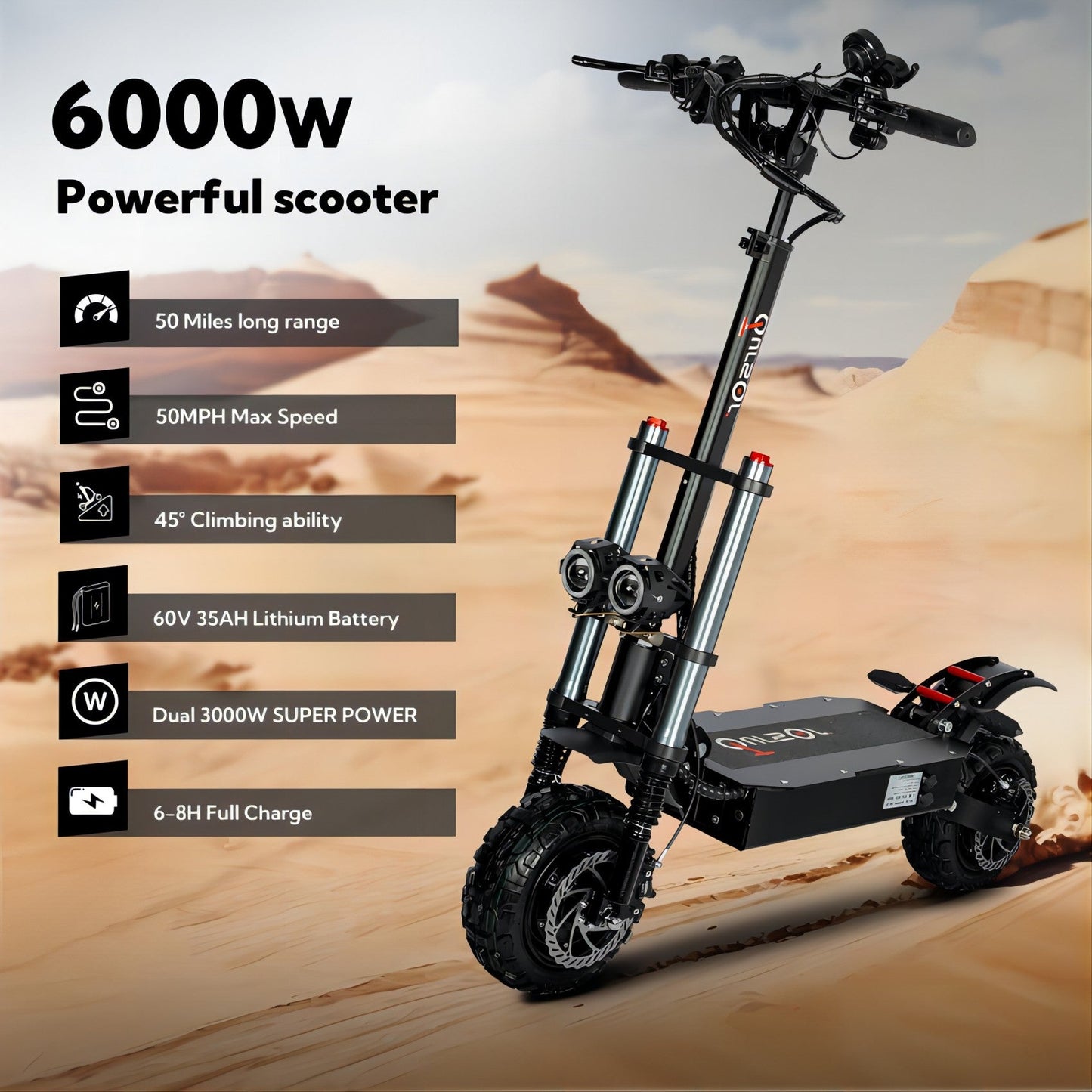 Quickwheel Explorer Folding Electric Scooter – Dual 3000W Motors (6000W Total) 60v 40Ah Samsung Battery, 85km/h Top Speed, 100km Range, High-Performance Adult E-Scooter