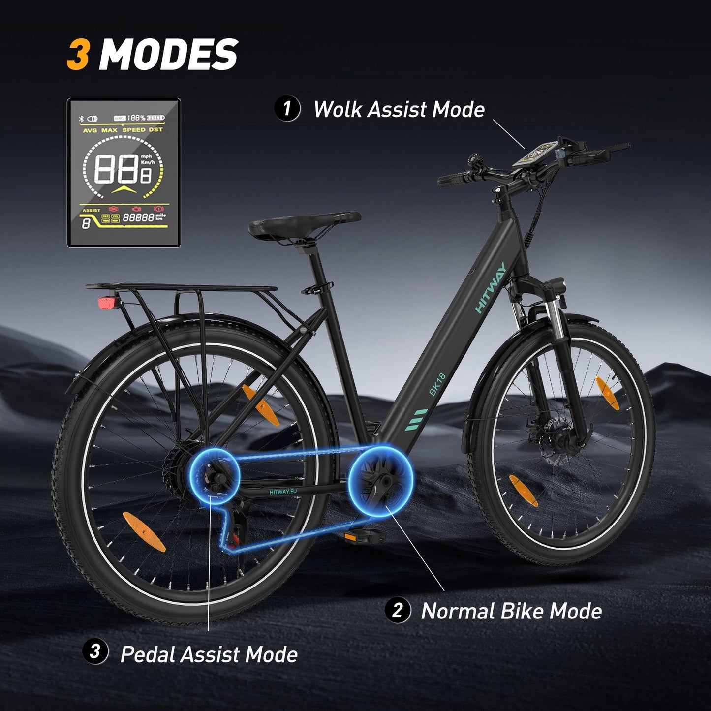 Hitway BK18 2025 Version 250W 27.5" Electric Trekking Bike 36V 12Ah Battery Hybrid Touring E-Bike