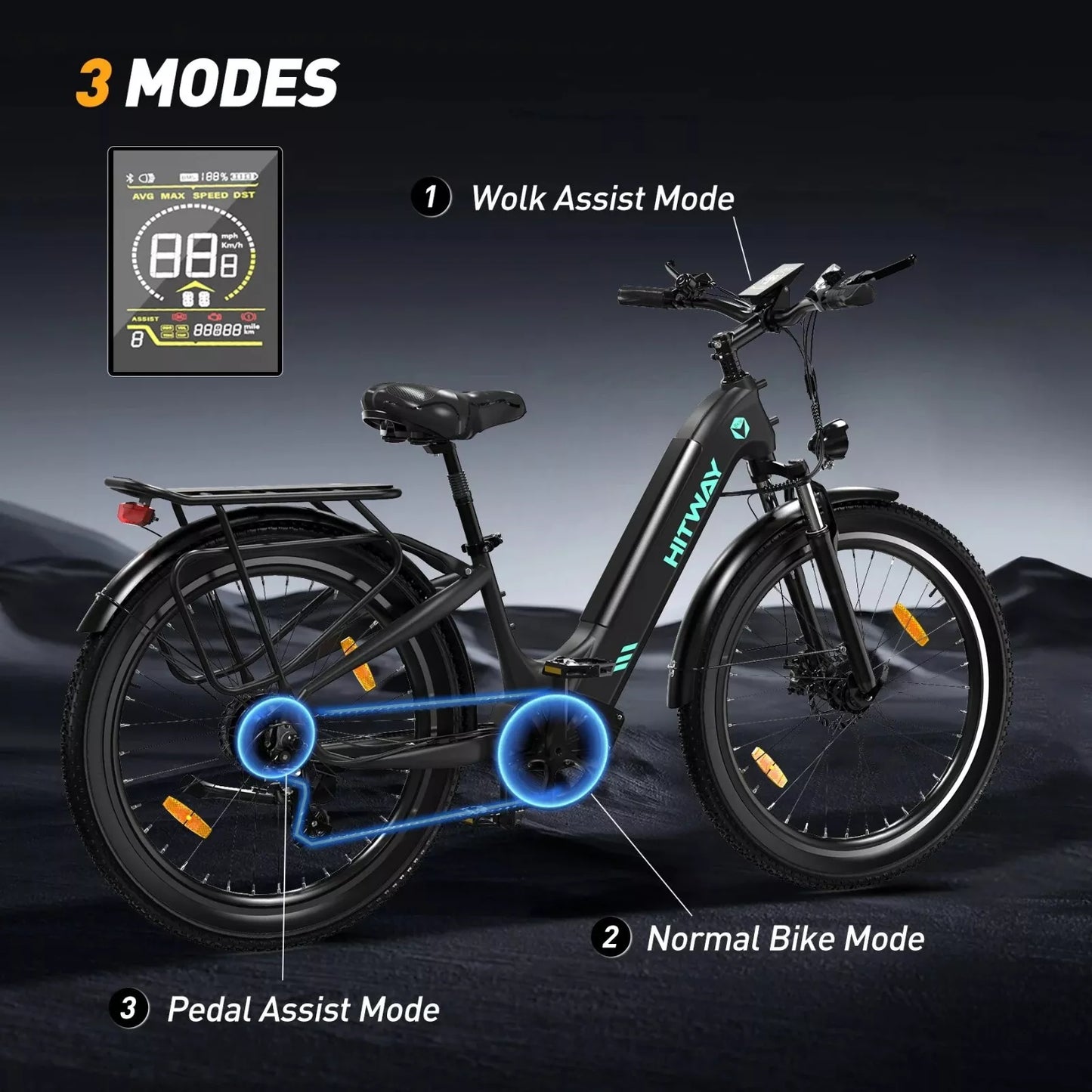 Hitway BK16 2025 Version 250W 26" Fat Tire City Cruiser E-Bike 48V 18Ah Battery Step-Through Comfort Ride