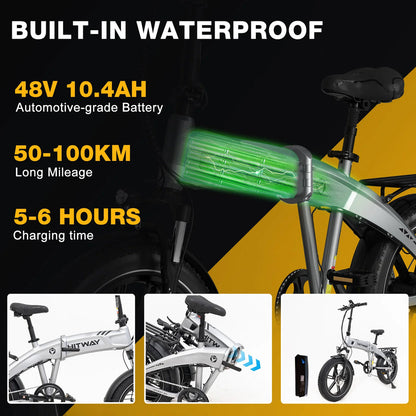 Hitway BK36 2025 Version 250W 20" Fat Tire Foldable Electric Bike 48V 10.4Ah Battery All-Terrain City Explorer